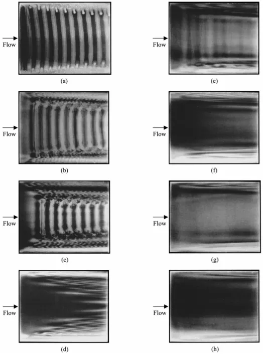 Fig. 3. Top view ¯ow photos at steady or statistical state for Re  5:0 and Ra (a) 4000, (b) 3000, (c) 2500, (d) 2000, (e) 1750, (f) 1650, (g) 1500 and (h) 1200.