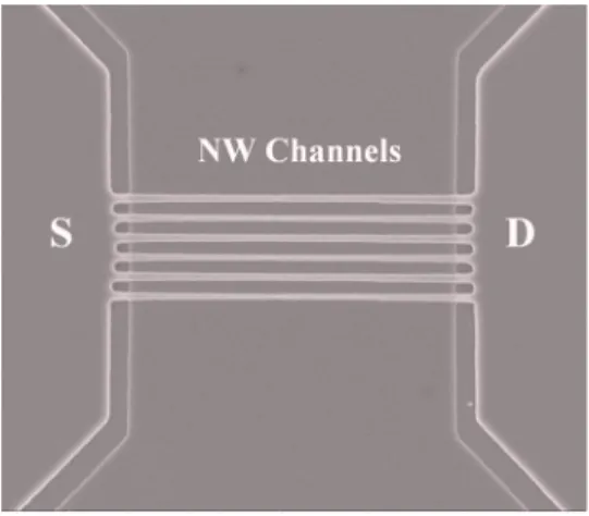 FIG. 1. SEM picture of a device which contains six NW channels. Planar width and thickness of each NW is 70 and 90 nm, respectively.
