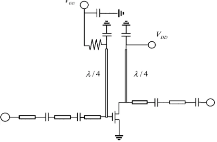 Figure 1 illustrates the schematic of a one-stage GaAs MESFET power ampliﬁer with gap-coupled microstrip lines for impedance matching and transformation