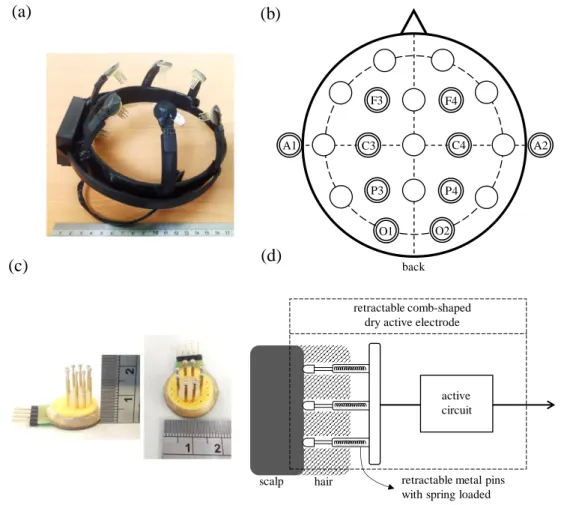 Figure  2.  (a)  Structure  of  the  wearable  mechanical  design;  and  (b)  locations;  (c)  photograph  and    (d) basic scheme of retractable comb-shaped dry active electrodes