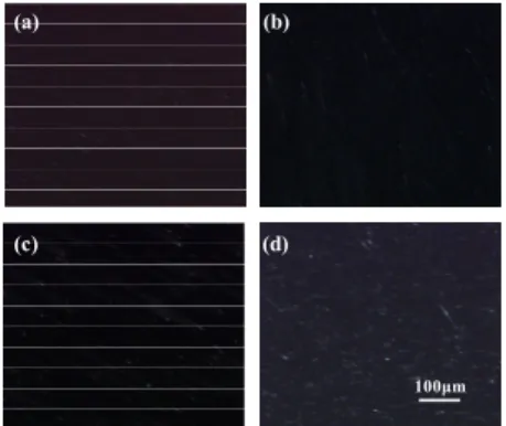 Figure 3. Alignment textures of (a) R3206-50 in PI-PVA cell; and R2301 in (b) PI-PVA cell,    (c) HMDS-PI asymmetric cell, and (d) Nylon 6-PI asymmetric cell