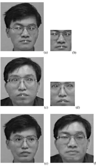 Fig. 1. Examples of detecting middle face portions from face images. (a) and (c) show two face images, each of which contains three landmarks