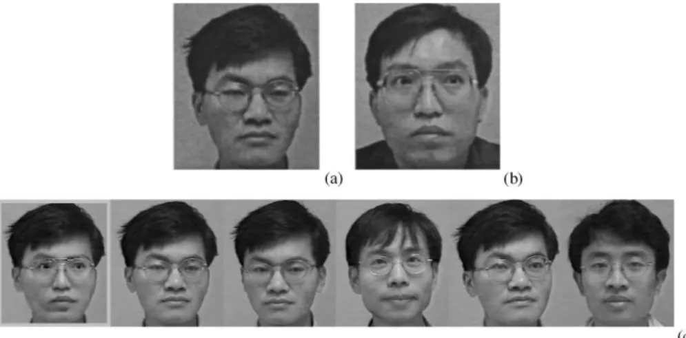 Fig. 5. PCA plus LDA based face recognition using a synthesized face image as the query image: (a) and (b) are the original face images of two persons