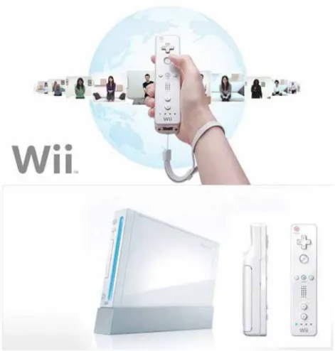圖 2 Wii 遊戲主機及無線搖控器  資料來源: http://nintendo.com  一些新電玩軟體的複雜性，可能使玩家與其家人之間的關係日益疏遠。而任天堂的改變在於，它不同於其它電視遊樂器主機，著重畫質、華麗的影音效果，及強調強悍硬體機能「All in one」的觀念，而是欲以容易上手、全家同樂的氛圍吸引新玩家，回歸遊戲的本質-簡單和有趣，來吸引以前從來不玩電玩的人(女性、老人、父母)，進而擴大電玩市場  (蔣敬祖,2007)。  2.2.2  Wii 遊戲機與親子互動的關係  劉松源(2008)