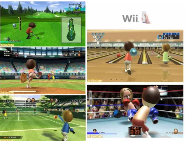 圖 4 Wii sports  五種運動模擬遊戲畫面  資料來源 : http://nintendo.com  從虛擬化科技的應用，可讓使用者參與性更為強烈，並且主動學習。Wii 讓使用者身體實際做出各種動作，透過感應器與遊戲主機或是他人產生互動，不受空間限制，且能多人一起參與運動。這樣的運動主機，破除一般大眾對電玩遊戲暴力打殺的刻板印象，不但結合運動及生活趣味，也間接吸引大眾從事體育運動。不論其運動效果如何，使用者透過歡樂的遊戲，來增加參與運動的動機，以及增加其對該項運動的知識，就已經達到寓教於樂和推廣運