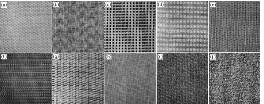 Fig. 6. Grey scale texture images. First row, left to right: a D6; b D17; c D20; d D52; e D53 