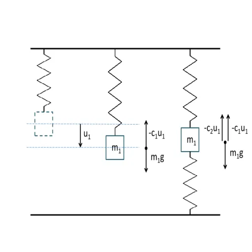 Figure 1.2: The left one is a spring without any mass. The middle one is a spring hanging a mass m 1 freely