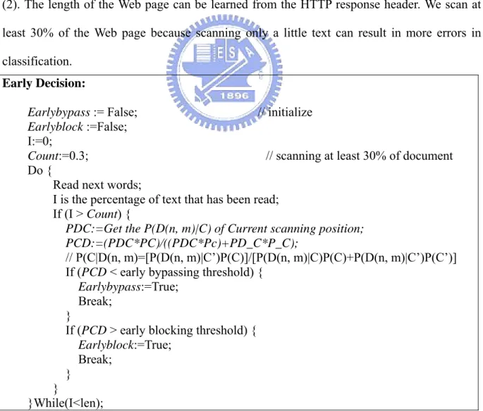 Fig. 3 shows the pseudo code of the early decision algorithm. In the following pseudo  code of the early decision algorithm, we compute the values of PCD and PDC with (1) and  (2)