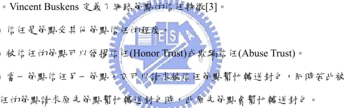 圖 6  憑證更新          經由完全自我組成的公鑰管理，每個使用者可以為他的公鑰憑證負責並傳遞 屬於他本身的憑證給網路其他節點，並可藉由憑證圖的建構達成高效率的憑證傳 遞，讓認證功能再行動環境下能快速進行且可偵測出不一致和錯誤的憑證。  2.3  信任證據與信任值          在社會化的互動中，因為每個人皆為獨立的個體，為了在團體環境中生存， 人和人之間必須透過互動以得到利益，但是如何選擇較有信譽的人合作是個重要 的課題，故信任在此社會便產生了，人們藉由信任的關係獲取雙贏的結果，並排 除自私