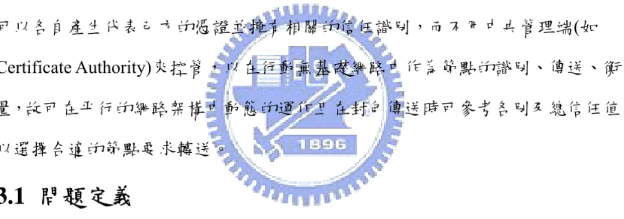圖 22  不完全資訊之信任擴展式賽局  第三章 信任證據產生、散佈與信任值計算機制      先前對於信任證據的研究中，是以個別信任值評比方式來判別目的方的屬 性，並有中央控制機制做資料的管理及傳送。而在行動無基礎網路(Mobile Ad Hoc  Network, MANET)中，因為每個節點的電力傳輸範圍有限，無法藉由直接的資料 傳送獲得遠方節點的資訊，故需要利用接力傳送來傳送資料。為了確保中繼節點 是善意的節點且要避免自私節點和惡意節點作資料的轉送，故可以透過先前資料 傳送時所得到的環境資訊了解節點