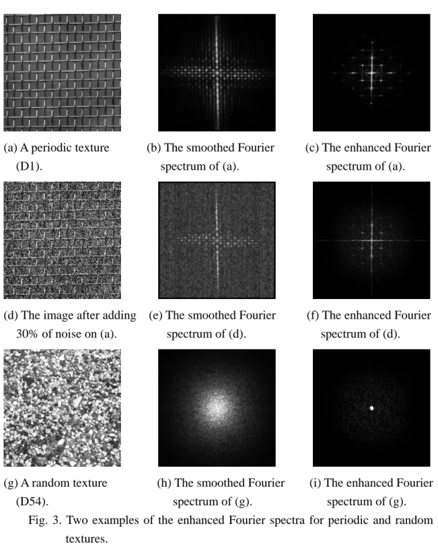Fig. 3. Two examples of the enhanced Fourier spectra for periodic and random  textures