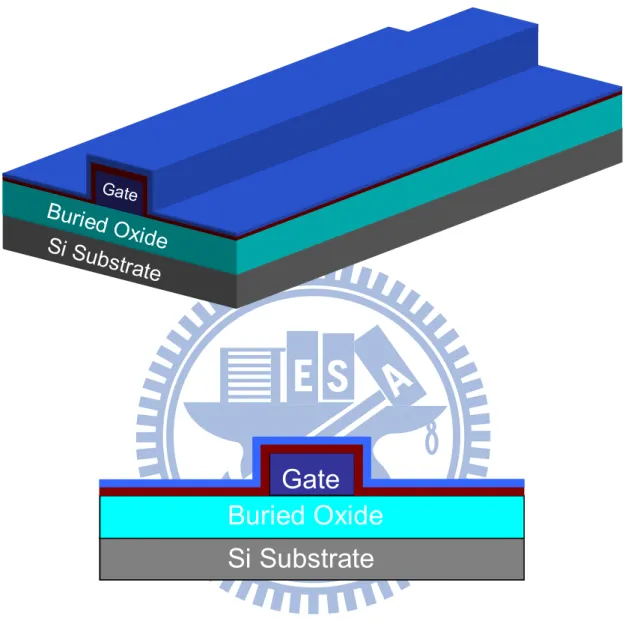 Fig. 2-2(c) Gate dielectric and sacrificial layer depositions in Bird’s view and  cross-sectional view, respectively