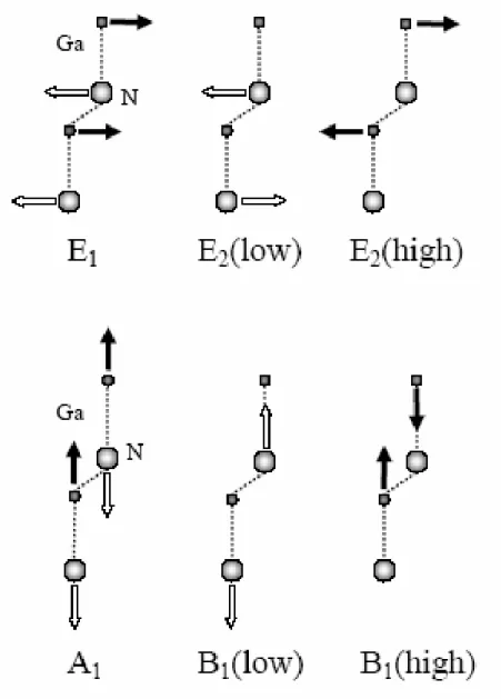 FIG. 2.9 Optical phonon modes in wurtzite structure. [112] 