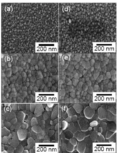Figure 3.3: SEM surface morphology of OMR5%-treated ZnO films annealed  various conditions: (a) 500˚C in N 2 , (b) 850˚C in N 2 , (c) 1000˚C in N 2 , (d) 500˚C in  O 2 , (e) 850˚C in O 2 , (f) 1000˚C in O 2 