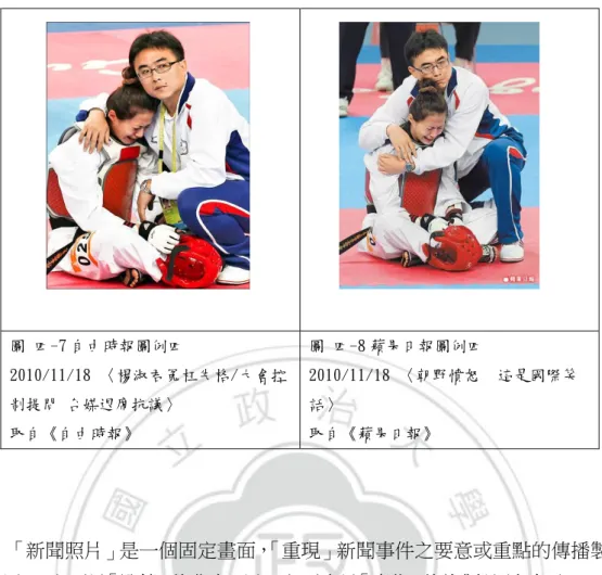 圖 四-7 自由時報圖例四  2010/11/18 〈楊淑君冤枉失格/大會控 制提問 台媒退席抗議〉 取自《自由時報》 圖 四-8 蘋果日報圖例四 2010/11/18 〈朝野憤怒  這是國際笑話〉 取自《蘋果日報》     「新聞照片」是一個固定畫面， 「重現」新聞事件之要意或重點的傳播製品， 所以它一方面是「證據」的化身，另一方面也是「真像」的複製品（何智文，1996） ， 藉由這張照片可以看見兩報在該篇報導中所要表達的要意。圖四-7 引用自《自由 時報》 ，照片中教練劉聰達摟著正在哭泣的楊淑君，並且雙