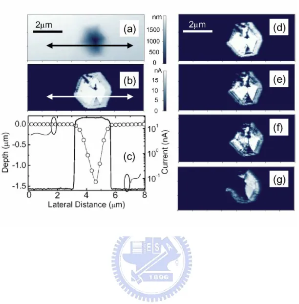 Fig. 4-1 Simultaneous (a) topographic, (b) forward current mapping at +3 V and 0.2  Hz scan rate