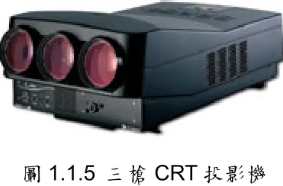 圖 1.1.5  三槍 CRT 投影機  從西元 2002 年開始微顯示型投影機也陸續進入家庭，家庭劇場的 需求亦漸漸成型，因此投影機不只改變了人們的溝通方式，也慢慢地 改變未來家庭視聽娛樂方式，圖 1.1.6。  圖 1.1.6  微顯示型投影機  1.2 微投影顯示技術的市場發展  國內”微型液晶面板投影機”之發展源起於工研院光電所精密光學 計畫，該計劃啟動於西元 1996 年七月而於西元 2000 年七月停止。此 計畫主要是以液晶投影機之開發為系統主要載具，進而發展出所需相 關的精密光學元件、精密機械
