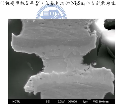 圖 4-2-4 銲錫厚度 4.0μm，迴銲 10 分鐘的橫截面 SEI 影像，Ni 3 Sn 4 針狀 結構依然存在，中間有一塊片狀 Ag 3 Sn。 