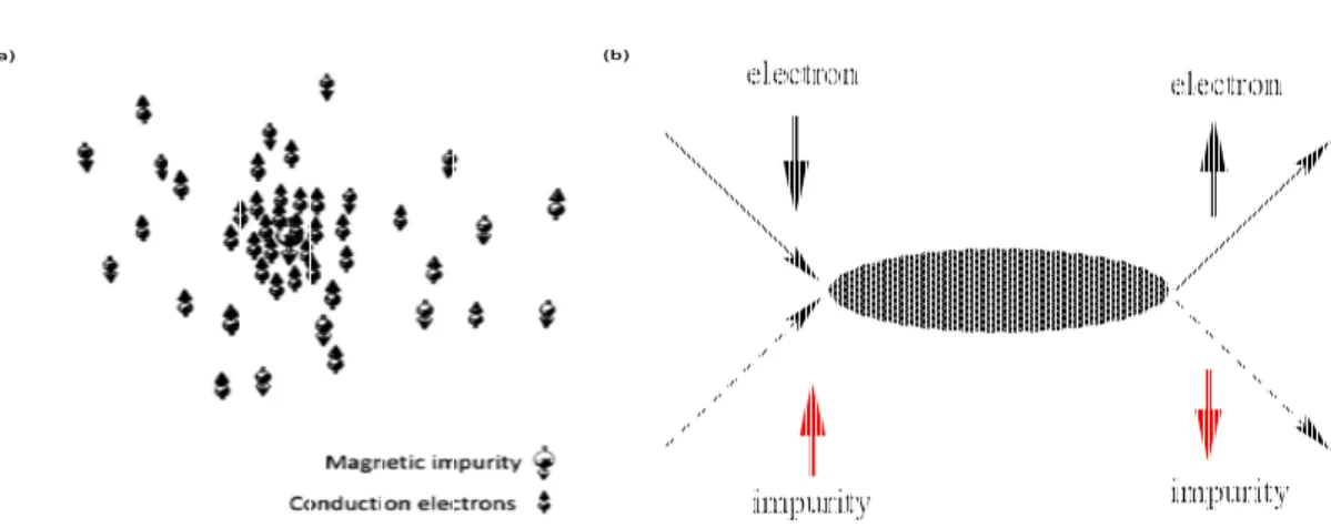 Figure 1.2: (a) Kondo effect happened because of impurity screened by spin one half of electrons