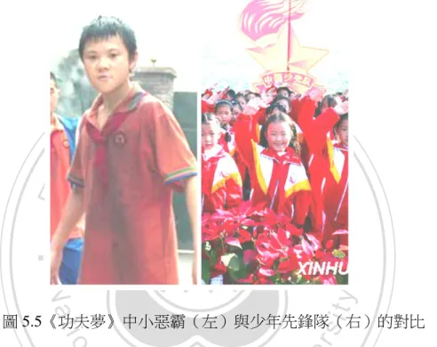圖 5.5《功夫夢》中小惡霸（左）與少年先鋒隊（右）的對比  因為這些影射呈現中國負面的形象，在中國公映版中被刪減了許多片段， 《功 夫夢》在劇本審查階段就已經修改了一部分故事情節，以便達到廣電總局的要求。 但根據《鳳凰網》的報導，影片拍攝完成後送審仍被拒絕，主因是審查人員看到 影片中的反面人物是中國人，非常不滿。 110 中國公映版的結局是Dre最後打敗了 對手陸偉成，對方雖有不甘心，但仍有風度的將獎座親手交給Dre，但Youtube                                    