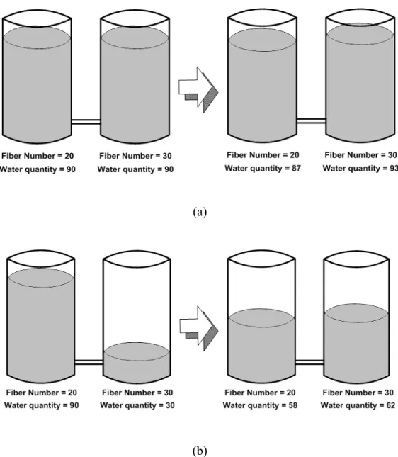 Figure 4.4: Two illustrations are given to describe the water propagation influenced by  capillary force and gradient of quantity of water, relatively
