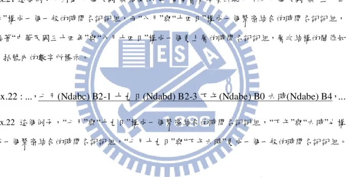 圖 3.7 與圖 3.8 分別為緊密結合的時間名詞詞組與一般的時間名詞詞組的統計分析，由圖 3.7 可以發現在我們標記為緊密結合的時間名詞詞組中間並不太會有停頓的出現，由圖 3.8 可 以知道一般的時間名詞詞組就可能會出現停頓，且停頓仍然會受到詞組的結構影響。 