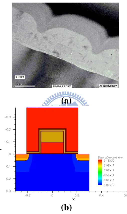Fig. 2.2 (a) The SEM image and (b) the simulation structure of the dual-bit split-gate  SONOS