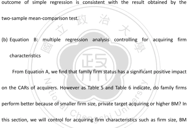 Table  7  reports  that  family  firm  status  has  a  significant  impact  on  M&amp;A  performance  of  acquiring  firms