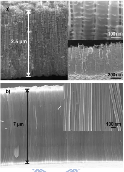 Figure 2.4 A comparison between SEM cross section images of nanotubes prepared in  (a) an aqueous based and (b) organic electrolyte [30]