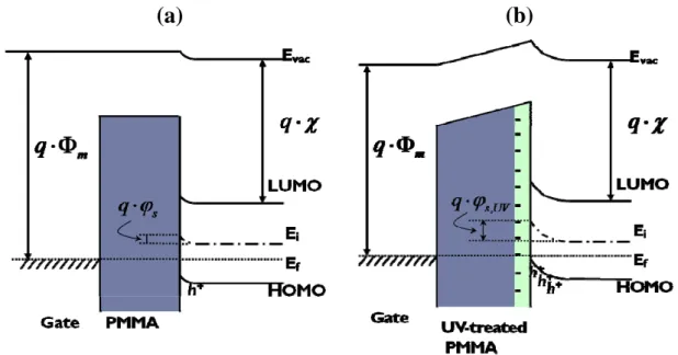 Figure 3-10. Energy band of (a) standard OTFTs and (b) UV-treated PMMA OTFTs 