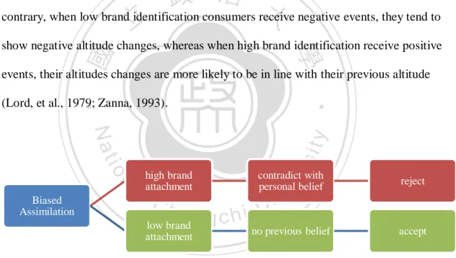 Figure 3: Biased assimilation and brand attachment. Theories developed by Park (2010),  Petty (1986), and Feldman (1988), organized by this research