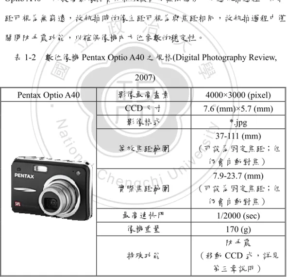 表 1-2  數位像機 Pentax Optio A40 之規格(Digital Photography Review,  2007) 