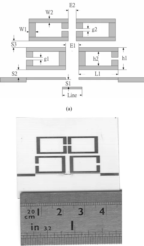 Figure 3-4. (a) quadruplet filter with the capacitive S/L coupling controlled by the  controlling line (b) photograph of the fabricated filter with dimension (in mils) S1=4,  S2=8, S3=41, E1=90, E2=20, W1=64, W2=30, h1=310, h2=250, g1=42, g2=26,  Line=160 