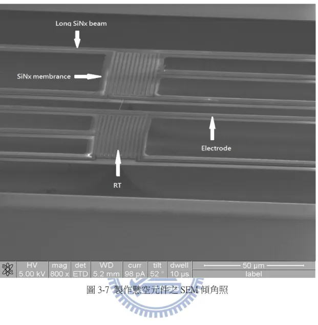 圖 3-7  製作懸空元件之 SEM 傾角照 