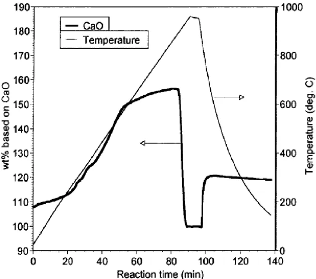 圖 2-7  氧化鈣在 TGA 中進行碳酸化反應  資料來源：Gupta et al. (2002)［44］