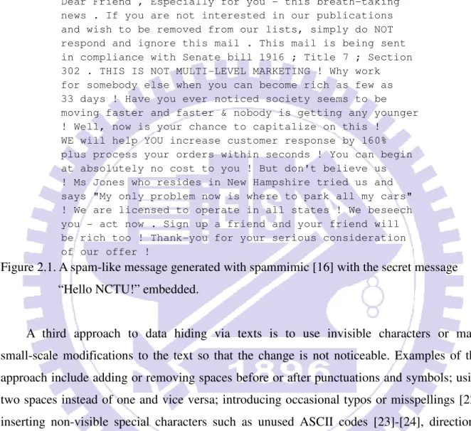 Figure 2.1. A spam-like message generated with spammimic [16] with the secret message 