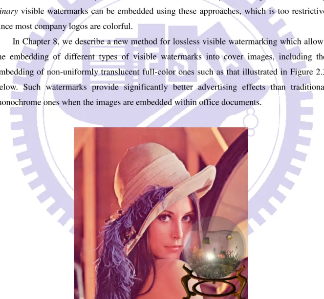 Figure 2.3. An image of Lena with a translucent full-color watermark “Globe” superimposed