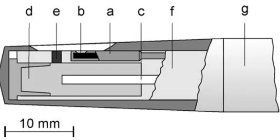 Fig 1-3 Encapsulation of the ISFET chip in the sensor for in vivo measurements  in gynaecology: (a) chip encapsulation, (b) ISFET chip, (c)Ag/AgCl  reference electrode, (d) reference electrolyte, (e) ceramic diaphragm, 