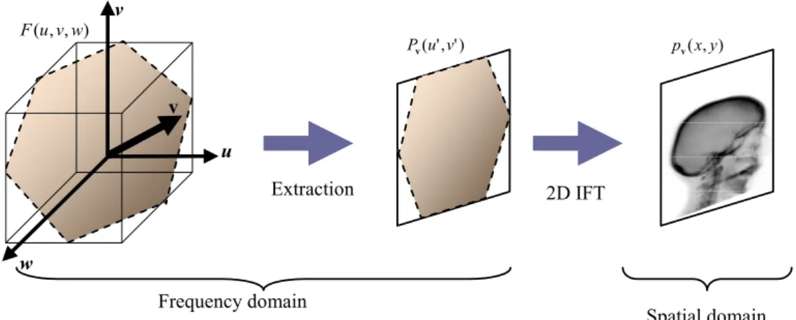 Figure 3.4: The FVR algorithm. In the frequency domain, the 2D frequency function P v (u 0 , v 0 ) passing through the origin of F (u, v, w) is extracted