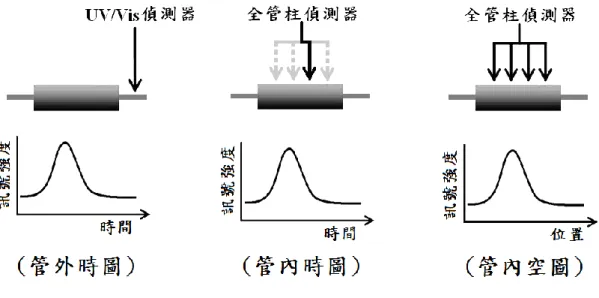 圖 3-6  管外時圖和管內空圖的定義  管外時圖是以單通道偵測器收集樣品流出管柱後的訊號結果，所得圖 表橫軸座標單位為時間；管內時圖是以 WCD 系統持續收集大範圍之 樣品空間分佈訊號，但選擇其中一固定管柱位置為偵測點，隨時間累 積而得的訊號，可得此橫座標單位為時間的管內時圖；管內空圖是以 WCD 系統同時偵測大範圍的管柱內樣品空間分佈訊號，所得圖表橫 軸座標單位是空間。 