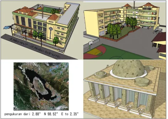 圖 2：教師與學員利用 Google SketchUp 繪製之東南亞特色建築立體圖，下排左圖為利用 Google  Earth 的經緯度座標所定位之印尼蘇門達臘島著名景點多巴湖(Danau Toba, Sumatra, Indonesia)。 