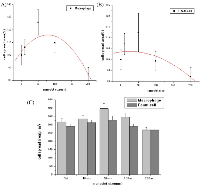 Fig 7  Cell  spread area versus dot diam eter for cells cultured on the nanodo t array s 