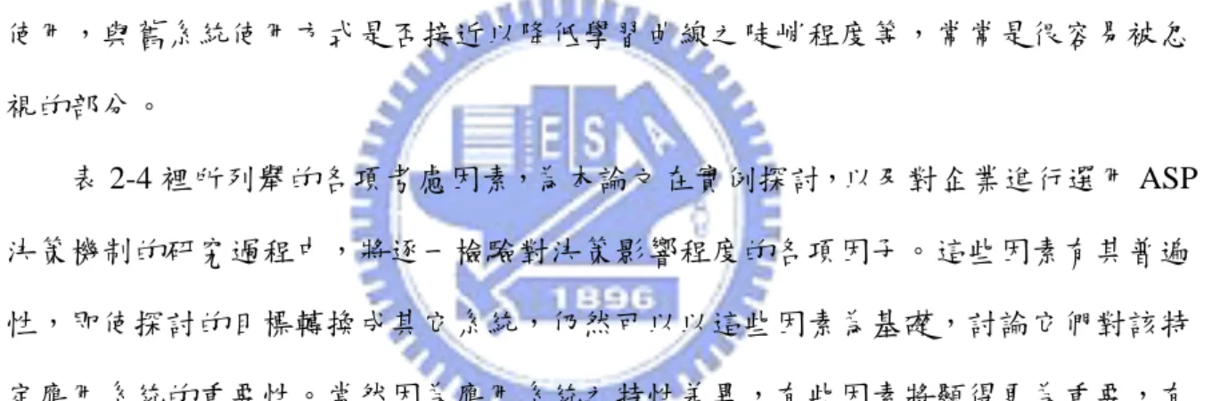 表 2-4 中文獻所揭露的各項考慮因子，基本上已涵蓋了在進行 ASP 外包決策時會 納入考量的所有因素。比較特別的是 Susaria 等人（2003）提出獨特的客戶公司內部顧 客滿意度的觀點，來檢視 ASP 的成效。所以這項研究的發生時機可能是在某 ASP 外包 專案執行後的檢討回顧，並將執行後的結果、心得作為下一個專案的參考。從整個企 業電子化專案的執行過程來說，考慮公司內部使用者的回饋意見，並且涵蓋事後檢討， 應該是更為完備的做法。  然而受限於公司文化，組織大小等因素，許多專案固然會參酌實際使用者對於