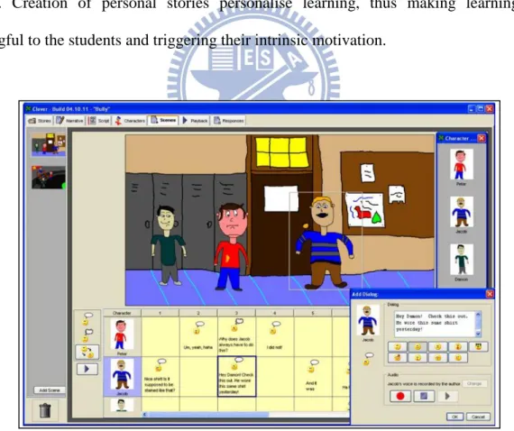 Figure 5. The Clover scene editor. Students create animated vignettes by adding sketched characters, dialogues  and  audio  effects