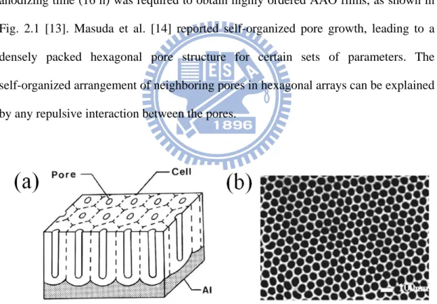 Figure 2.1 (a) Schematic drawing of the idealized structure of anodic porous alumina.  (b) SEM micrographs of the bottom view of anodic alumina layers