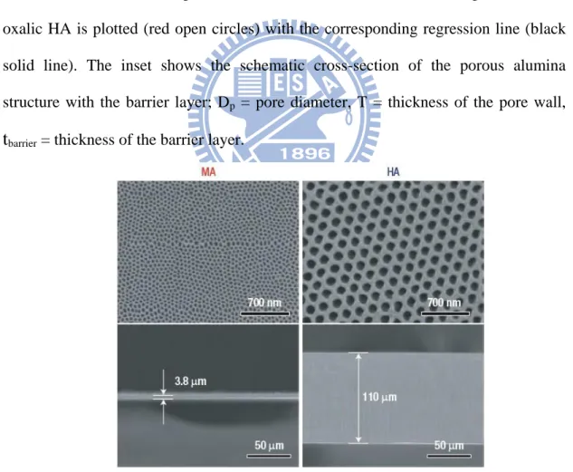Figure  2.6  SEM  micrographs  of  the  corresponding  AAO  specimens  formed  by  MA  for 2 h (left column) and HA for 2 h (right column)