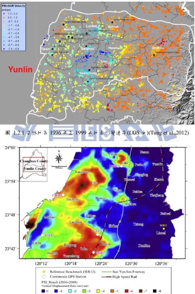 圖  1.2.1 雲林地區 1996 年至 1999 年地表形變速率(LOS 向)(Tung et al.,2012) 