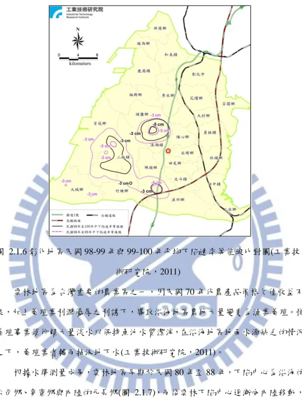圖  2.1.6 彰化地區民國 98-99 年與 99-100 年平均下陷速率等值線比對圖(工業技 術研究院，2011)  雲林地區為台灣重要的農業區之一，因民國 70 年代農產品價格欠佳收益不 良，加上養殖業利潤優厚之利誘下，導致沿海地區農地大量變更為漁業養殖。惟 養殖事業須仰賴大量淡水以保持魚池水質潔淨，在沿海地區地面水源缺乏的情況 之下，養殖業者轉而抽汲地下水(工業技術研究院，2011)。  根據水準測量成果，雲林地區早期於民國 80 年至 88 年，下陷中心為沿海的 台西鄉、麥寮鄉與內陸的元長鄉(圖