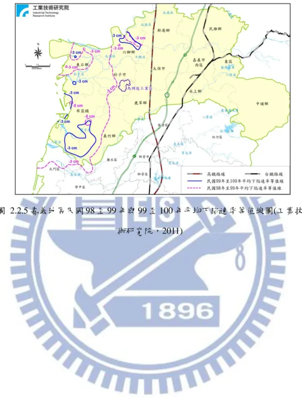 圖  2.2.5 嘉義地區民國 98 至 99 年與 99 至 100 年平均下陷速率等值線圖(工業技 術研究院，2011) 