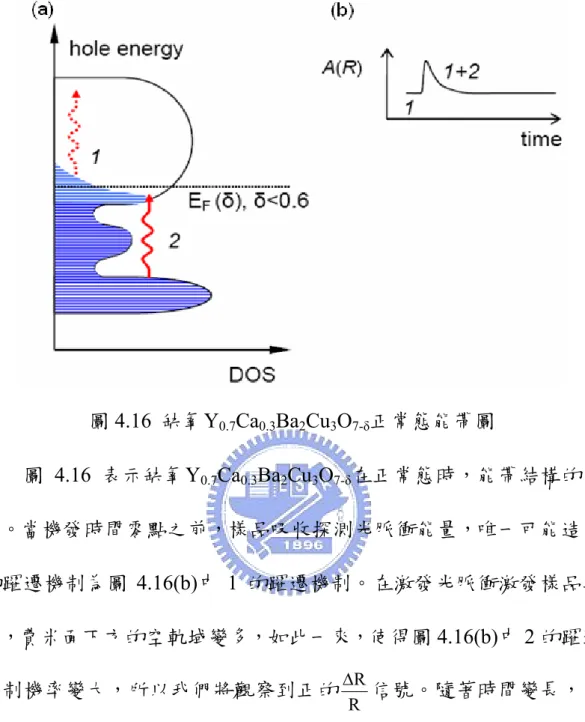 圖 4.16  缺氧Y 0.7 Ca 0.3 Ba 2 Cu 3 O 7-δ 正常態能帶圖  圖 4.16 表示缺氧Y 0.7 Ca 0.3 Ba 2 Cu 3 O 7-δ 在正常態時，能帶結構的簡 圖。當機發時間零點之前，樣品吸收探測光脈衝能量，唯一可能造成 的躍遷機制為圖 4.16(b)中 1 的躍遷機制。在激發光脈衝激發樣品之 後，費米面下方的空軌域變多，如此一來，使得圖 4.16(b)中 2 的躍遷 機制機率變大，所以我們將觀察到正的 RΔ R 信號。隨著時間變長，費 米能階之上的載子，透過各種散射